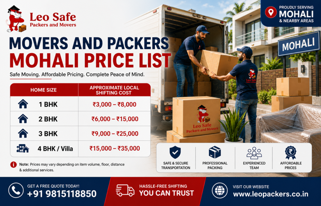 Movers And Packers Mohali Price List